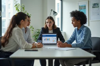 Trois professionnels de l'immobilier en réunion autour d'un ordinateur