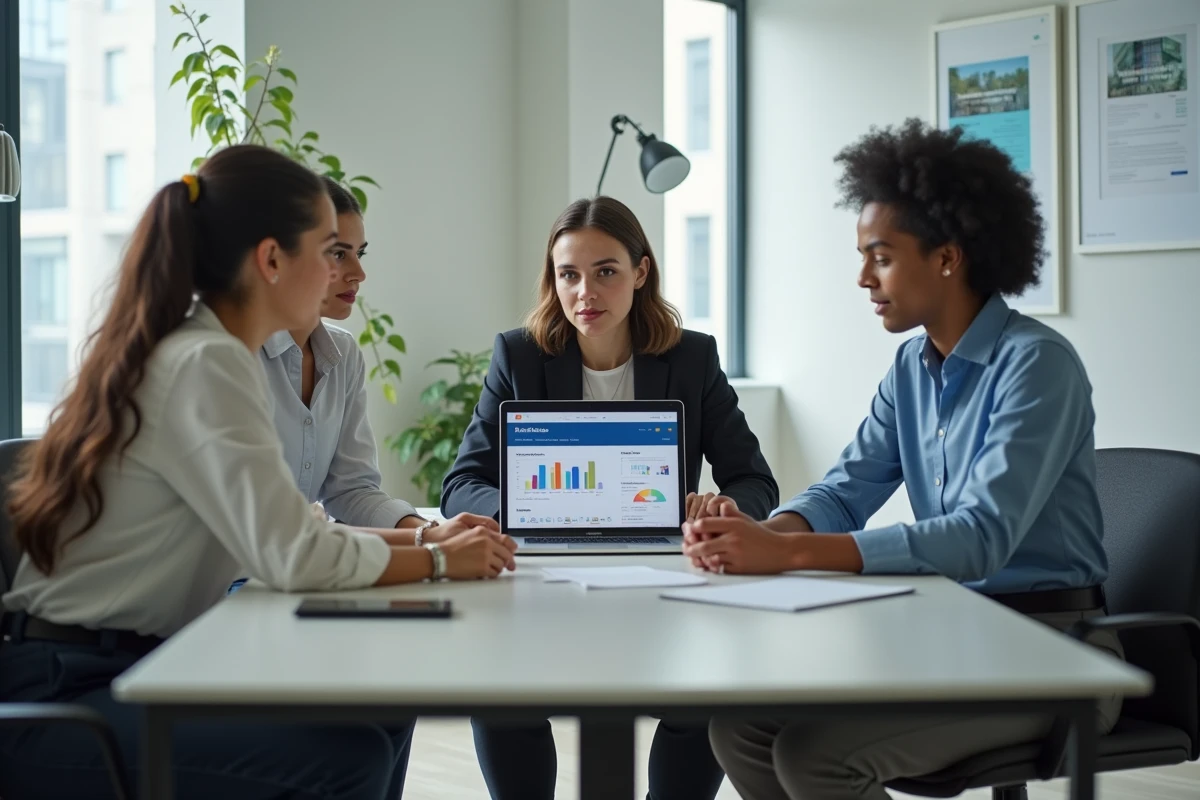 Trois professionnels de l'immobilier en réunion autour d'un ordinateur