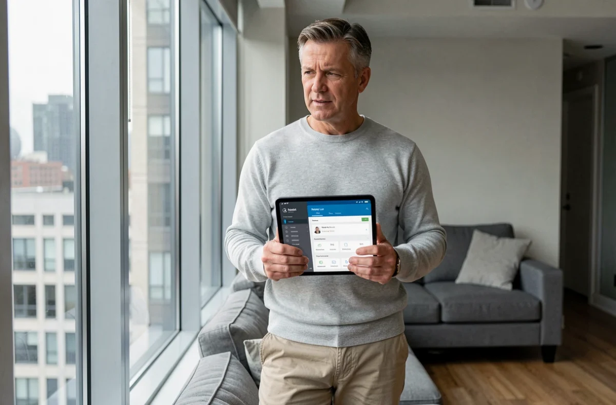 Propriétaire bailleur consultant la gestion de ses lots loués sur une tablette via MyFoncia depuis son appartement