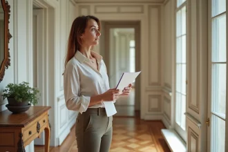 Propriétaire tenant un contrat de location dans le couloir d'un appartement haussmannien parisien pour un tournage de film ou publicité