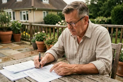 Propriétaire consultant des documents fiscaux sur sa terrasse en pierre pour comprendre la taxe foncière