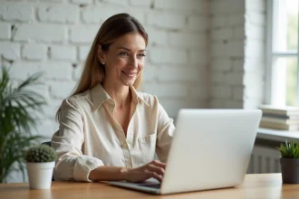 Propriétaire connectée sur l'espace client MyFoncia depuis son bureau à domicile