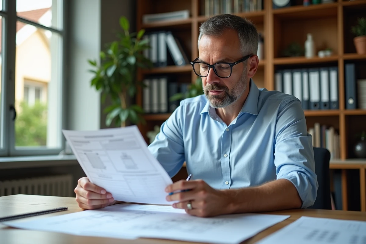 Propriétaire consultant le formulaire Cerfa de déclaration préalable de travaux à son bureau à domicile