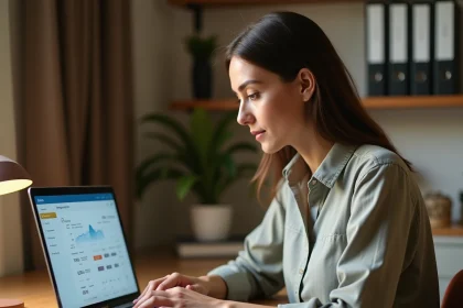 Propriétaire de gîte utilisant un logiciel extranet de gestion locative sur son ordinateur portable dans un bureau à domicile