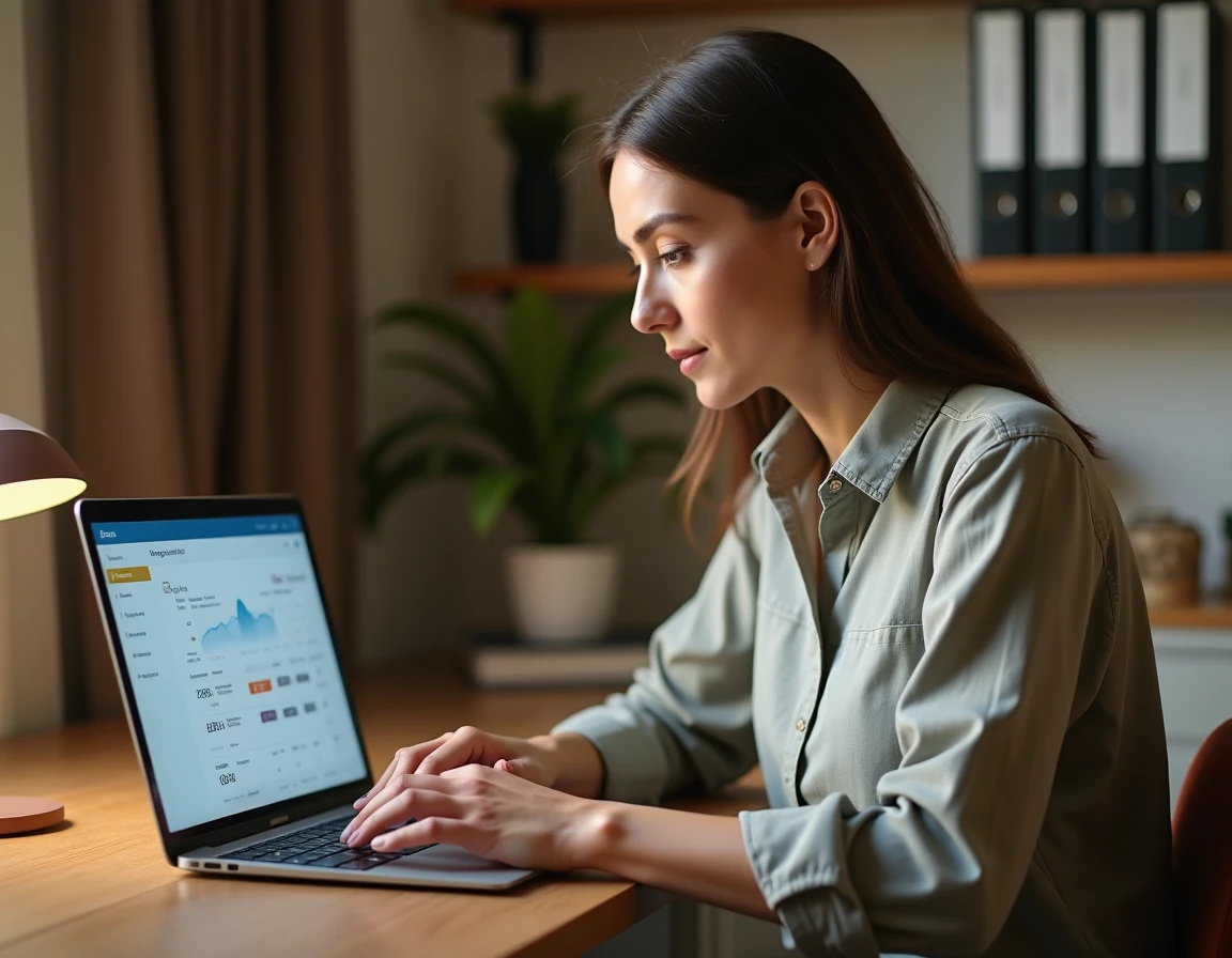 Propriétaire de gîte utilisant un logiciel extranet de gestion locative sur son ordinateur portable dans un bureau à domicile