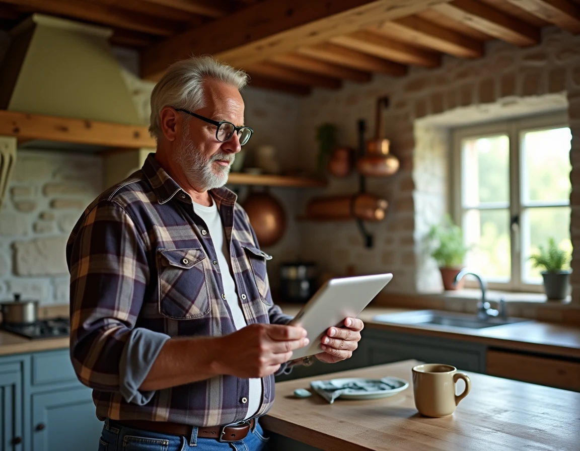 Propriétaire d'un gîte rural en France consultant l'extranet Gîtes de France sur une tablette dans une cuisine en pierre