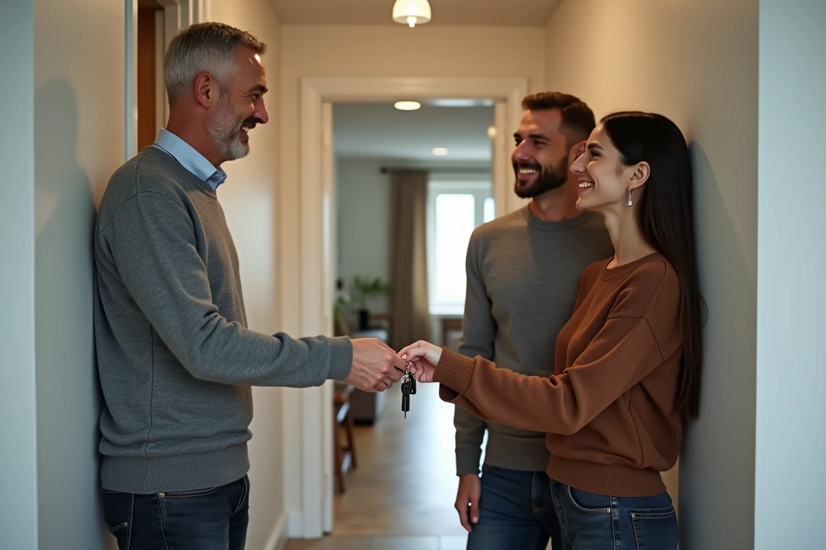 Propriétaire remettant les clés d'une location meublée à un couple de locataires dans un couloir d'immeuble