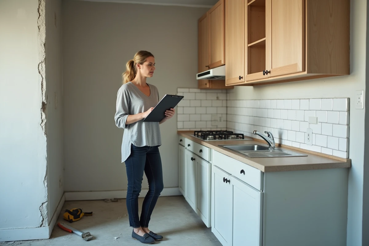 Propriétaire évaluant les travaux de rénovation de sa cuisine pour calculer la plus-value immobilière lors de la revente