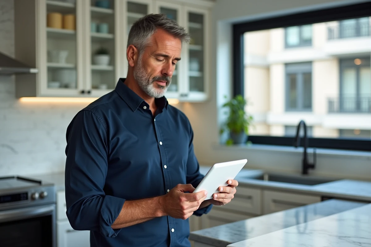 Propriétaire gérant son compte Foncia en ligne depuis sa cuisine avec une tablette