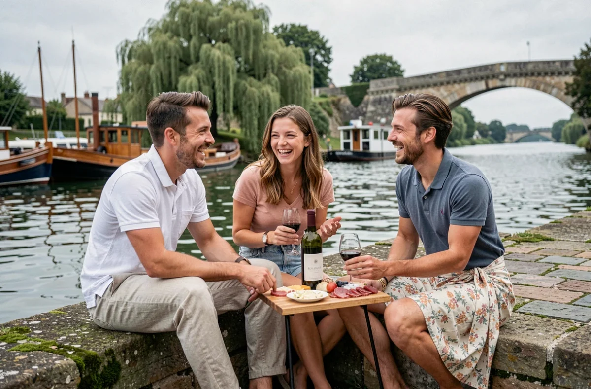 Groupe d'amis profitant d'un apéritif sur les quais de la Dordogne à Bergerac avec des gabarres amarrées et un pont en pierre en arrière-plan
