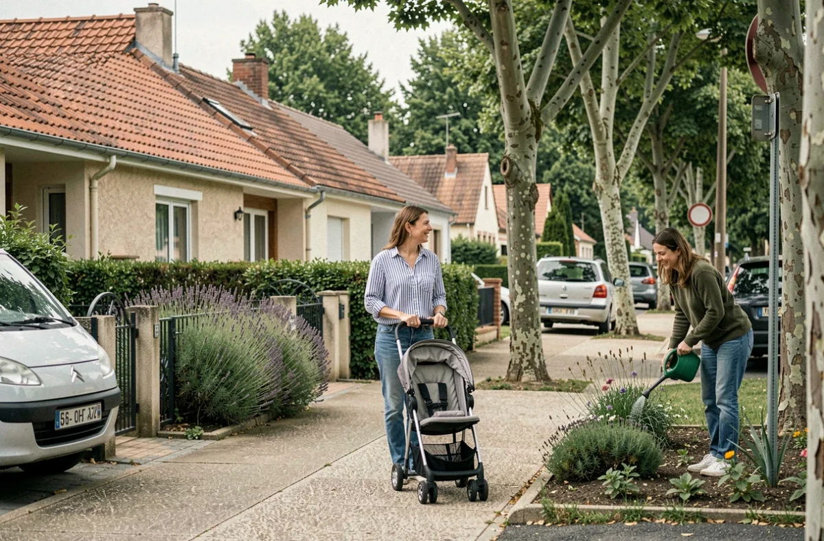 Femme avec une poussette dans un quartier résidentiel calme de Bergerac avec des maisons aux toits en tuiles et des jardins fleuris