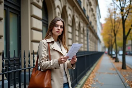 Femme cherchant un appartement à louer devant un immeuble Altbau à Berlin en automne