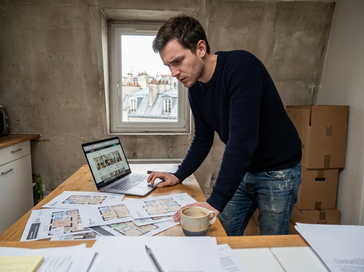 Homme cherchant un appartement à Paris sur ordinateur entouré de plans et d'annonces imprimées