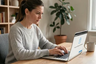 Femme récupérant son mot de passe MyNexity sur un ordinateur portable dans un bureau à domicile