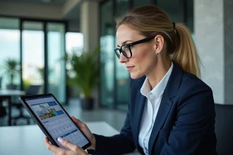 Femme professionnelle consultant un registre de copropriétaires dématérialisé sur tablette dans un bureau moderne