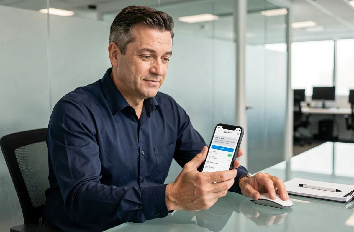 Homme consultant un email de réinitialisation de mot de passe MyNexity sur son smartphone au bureau
