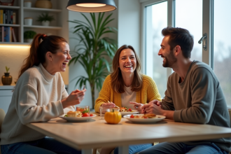 Trois adultes rient autour d'un repas dans un appartement lumineux