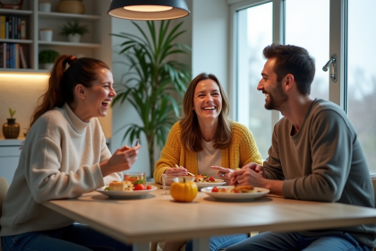 Trois adultes rient autour d'un repas dans un appartement lumineux