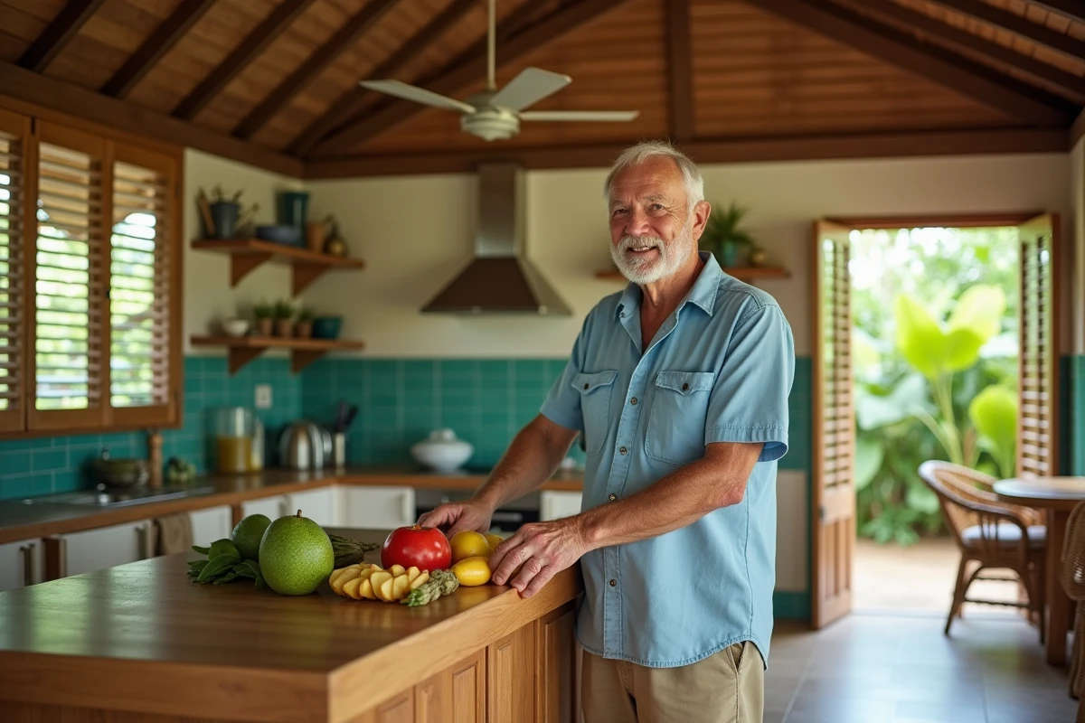 Retraité occidental préparant des fruits tropicaux dans la cuisine ouverte d'un bungalow thaïlandais économique et chaleureux