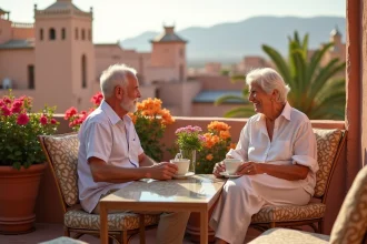 Couple de retraités européens profitant d'une terrasse de riad à Marrakech avec vue sur la médina et les montagnes de l'Atlas