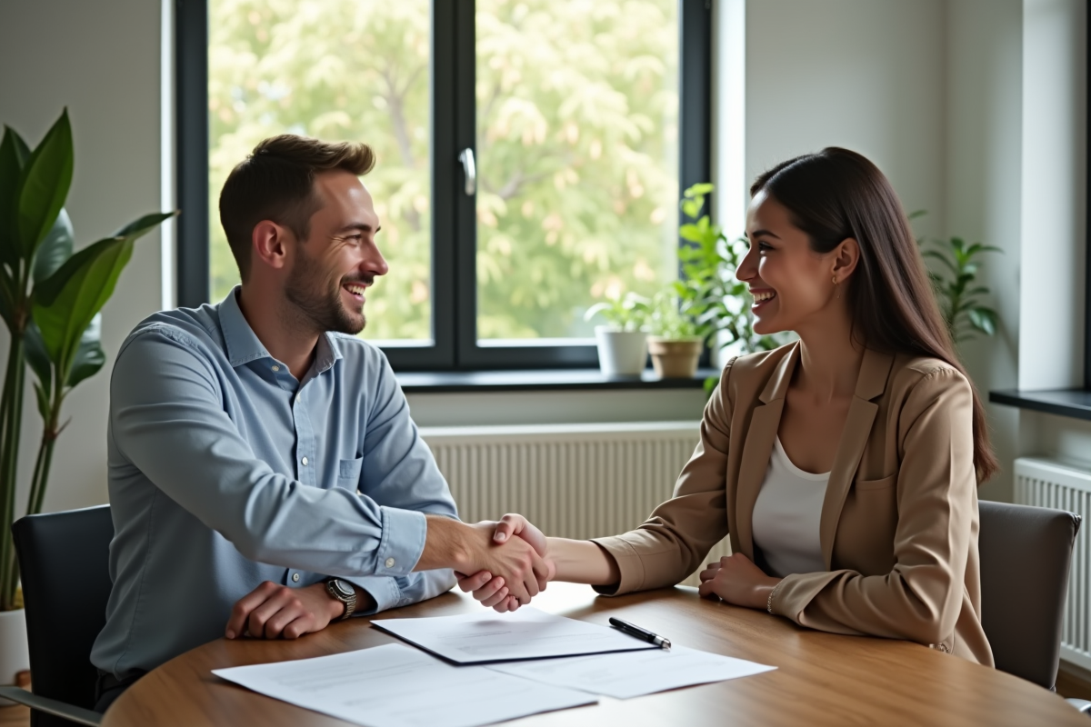 Echange de poignée de main entre locataire et propriétaire souriants