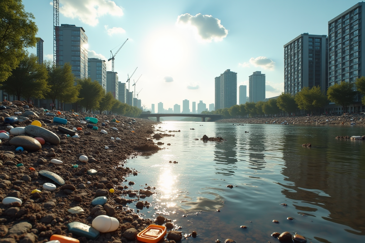 Rivière polluée avec débris et bâtiments modernes en arrière-plan