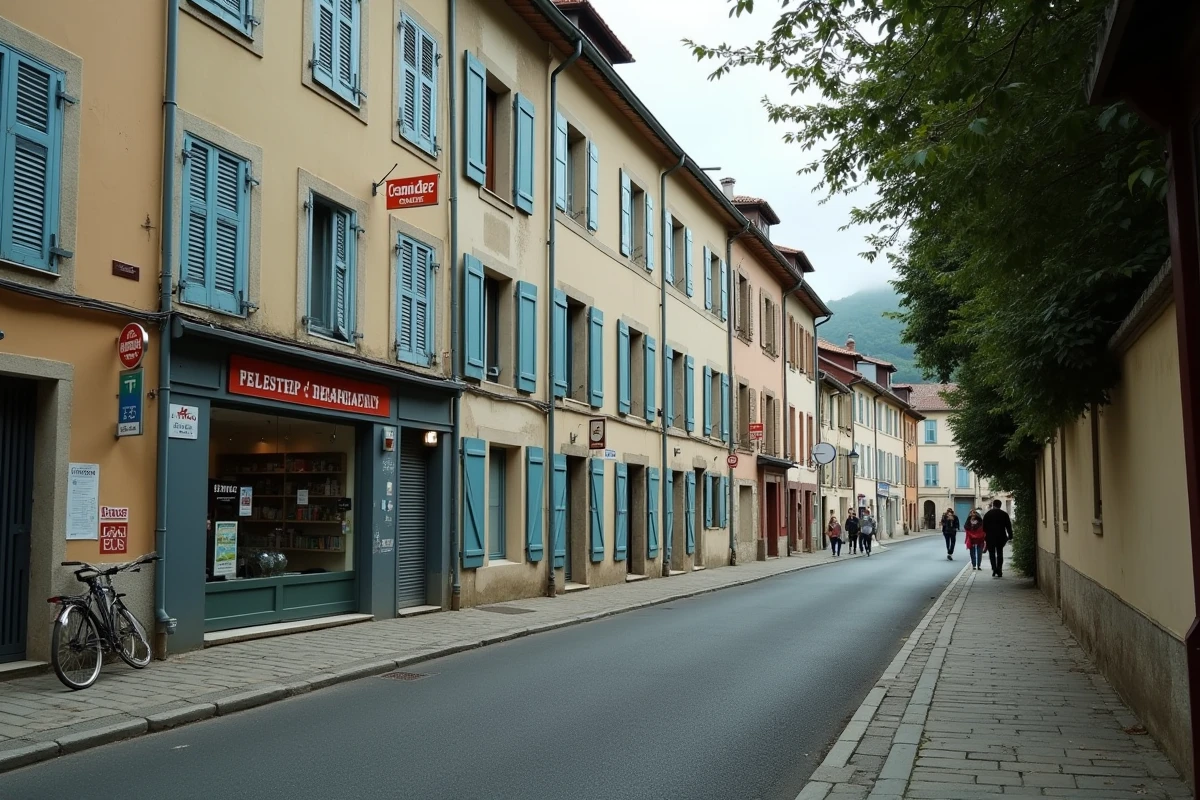 Rue résidentielle de Romans-sur-Isère avec panneaux à vendre illustrant le marché immobilier du quartier