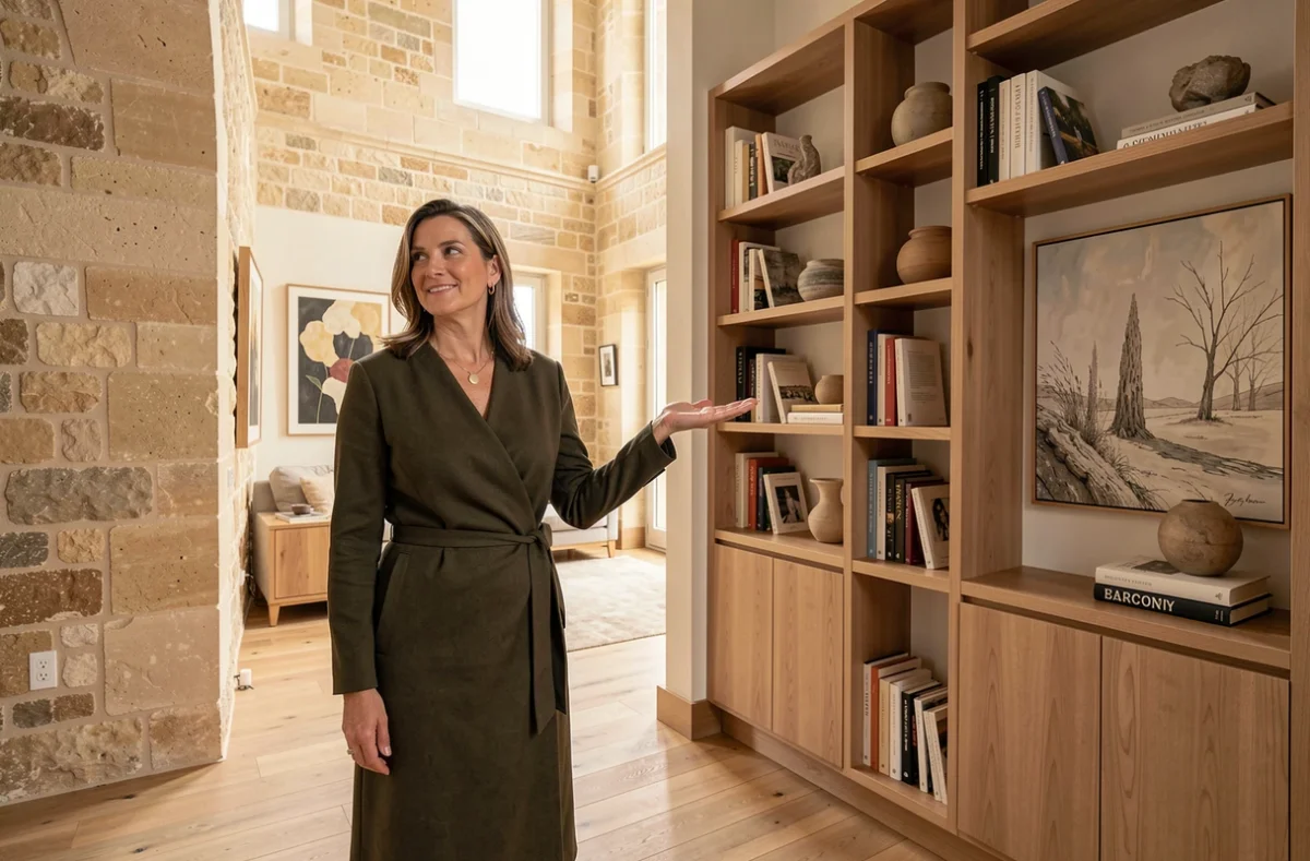 Saby Noël architecte dans un intérieur résidentiel de luxe qu'elle a conçu avec une bibliothèque sur mesure