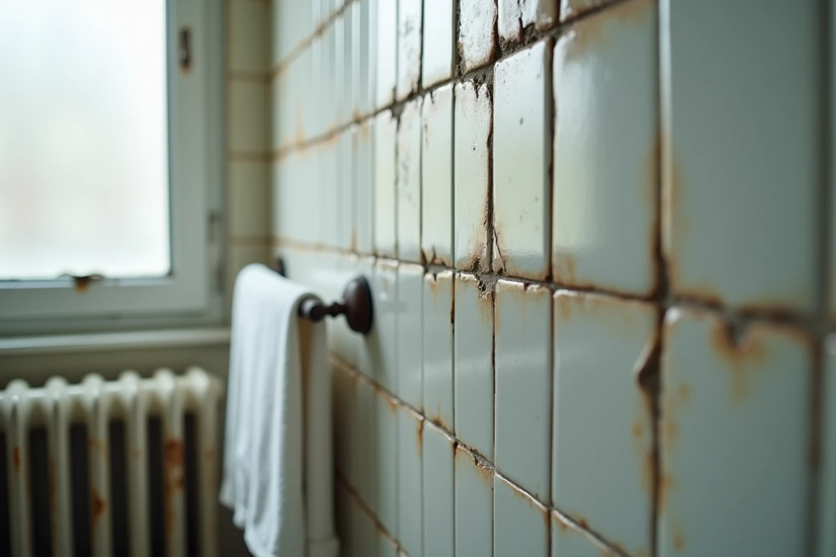 Détails d'une salle de bain haussmannienne montrant des fissures au plafond, un radiateur fonte avec peinture écaillée et des traces de calcaire sur la fenêtre