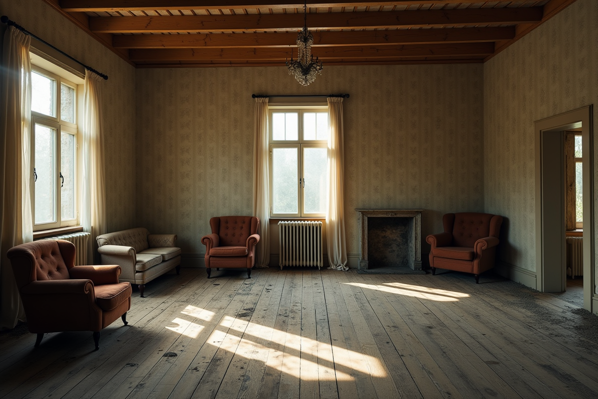 Salon abandonné avec vieux meubles et lumière naturelle