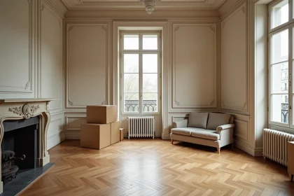 Salon d'appartement haussmannien avec parquet en point de Hongrie usé, moulures en plâtre et cheminée en marbre patinée, vue grand angle réaliste