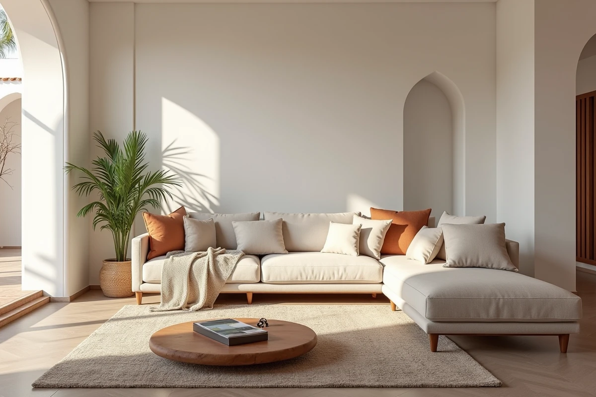 Salon d'un appartement à vendre à Marrakech avec finitions traditionnelles en tadelakt et tapis berbère