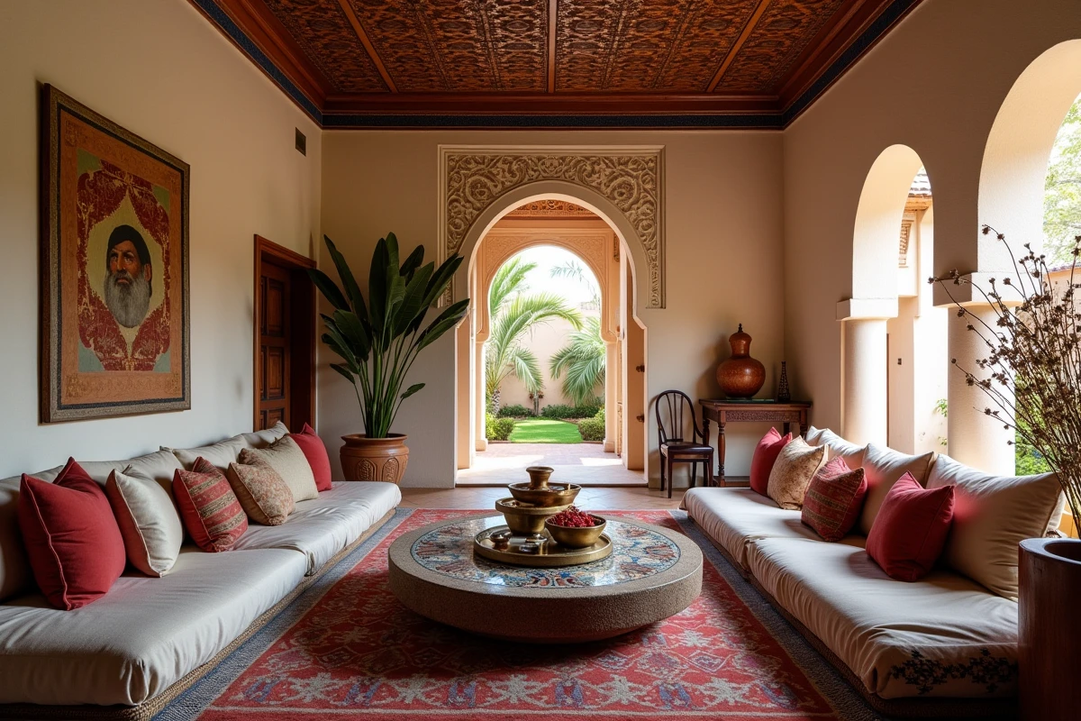 Salon int&eacute;rieur d'un riad marocain authentique &agrave; Marrakech avec plafond en c&egrave;dre sculpt&eacute;, banquettes en kilim et table en mosa&iuml;que