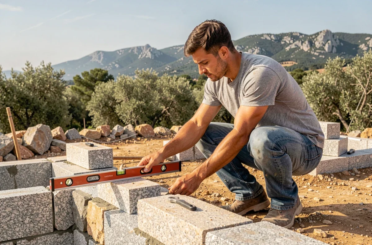 Samuel Massart artisan maçon vérifiant la mise à niveau des fondations en pierre d'une maison individuelle en Corse