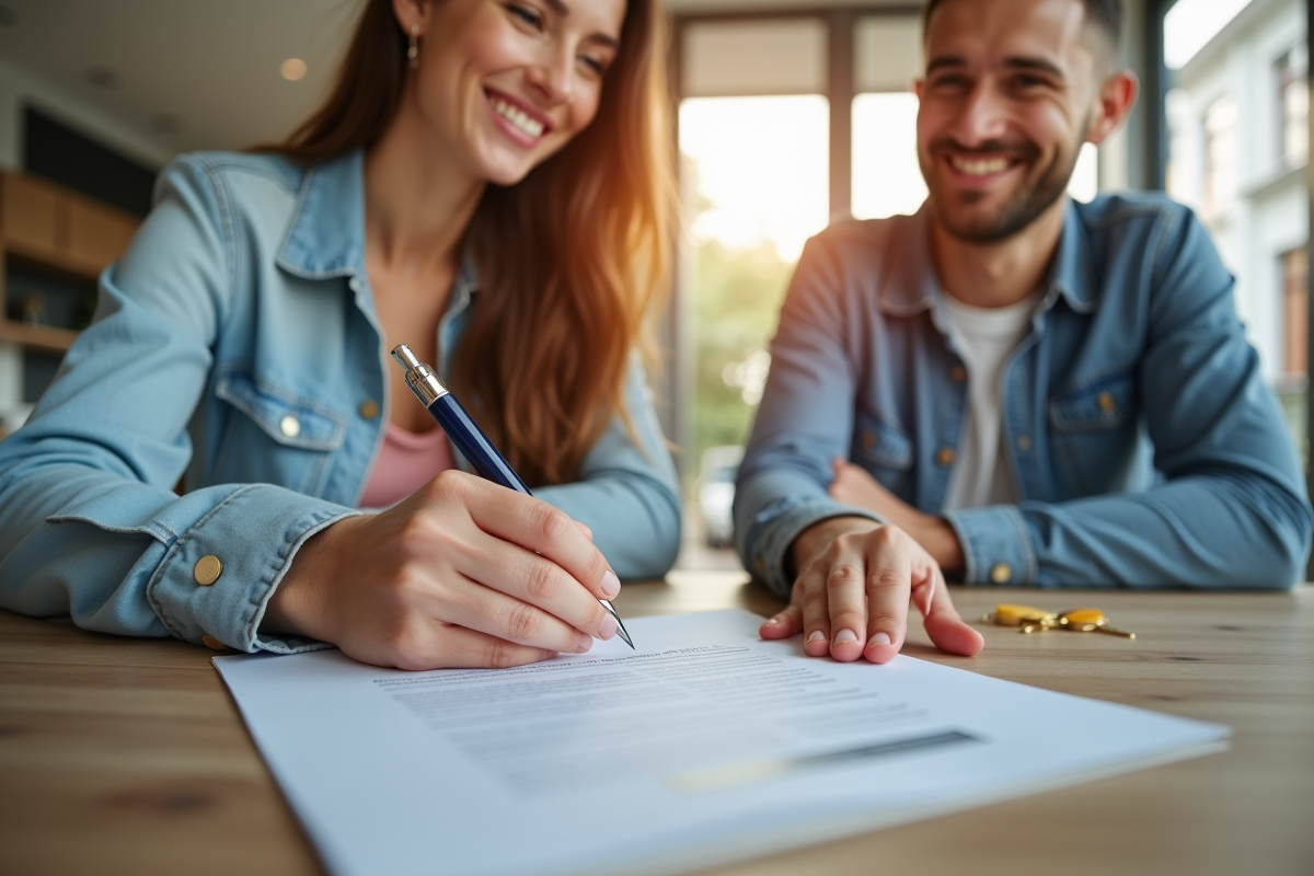 Jeune couple signant un contrat de location avec des clés en main