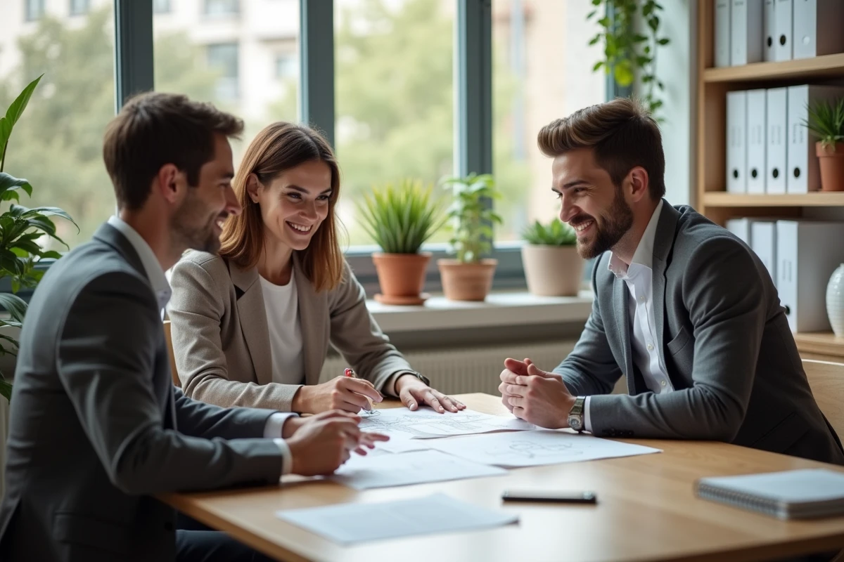 Couple signant un compromis de vente dans une agence immobilière à Lyon avec un conseiller