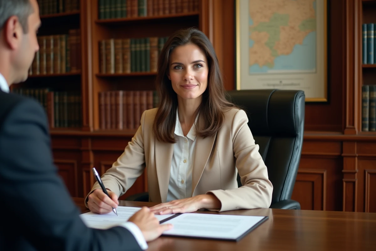 Femme signant un contrat d'achat immobilier chez un notaire en Andorre lors d'un investissement officiel