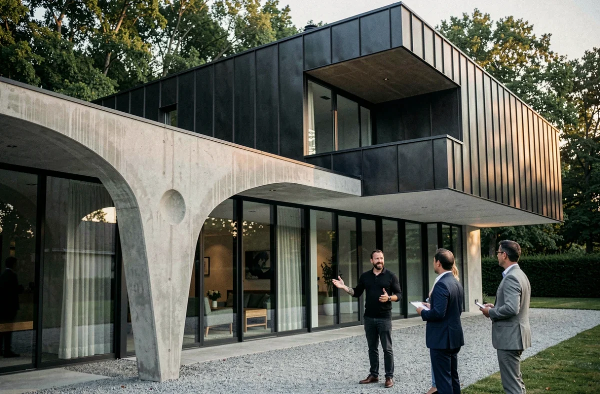 Maison architecturale au volume en porte-à-faux en zinc sombre réalisée par Skala Design dans le Haut-Rhin, avec architecte et clients en façade