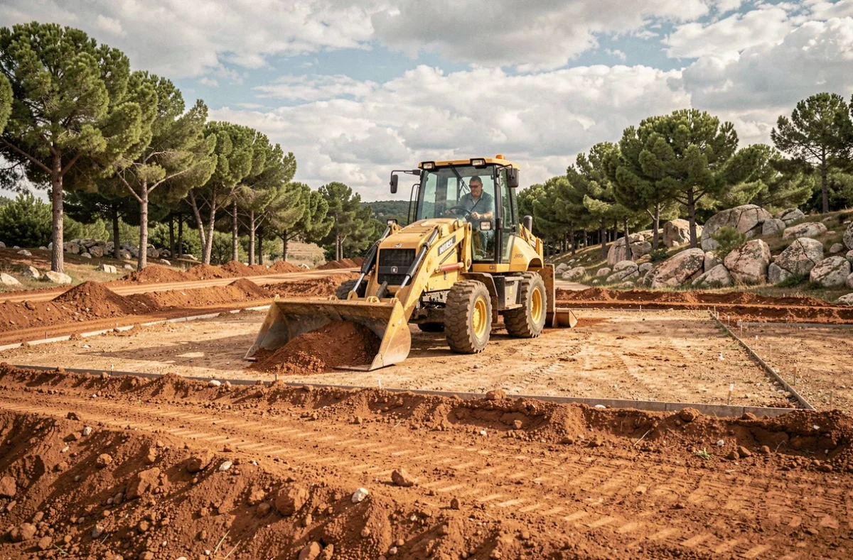Engin de terrassement de Sotraco préparant un terrain constructible en Haute-Corse pour une maison individuelle