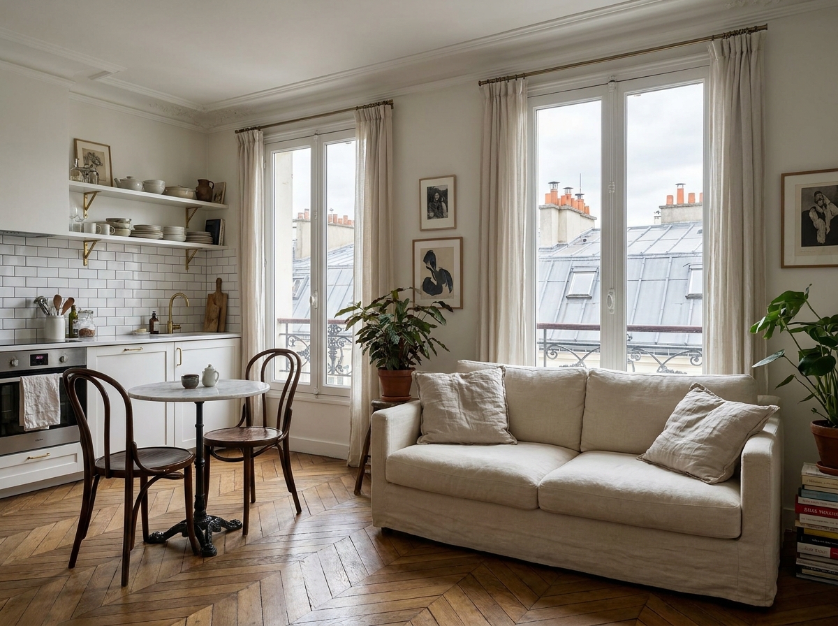 Studio meublé parisien prêt à la location avec parquet en chevrons et vue sur les toits de Paris