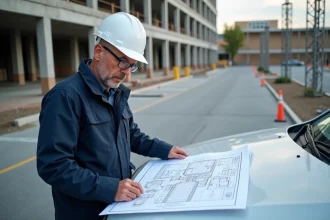 Superviseur de chantier en veste navy et casque blanc analysant un plan de parking