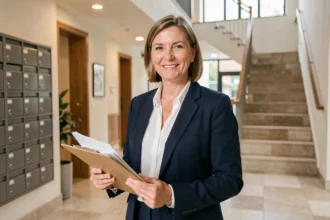 Syndic de copropriété professionnelle dans le hall d'un immeuble résidentiel dans les Hauts-de-France