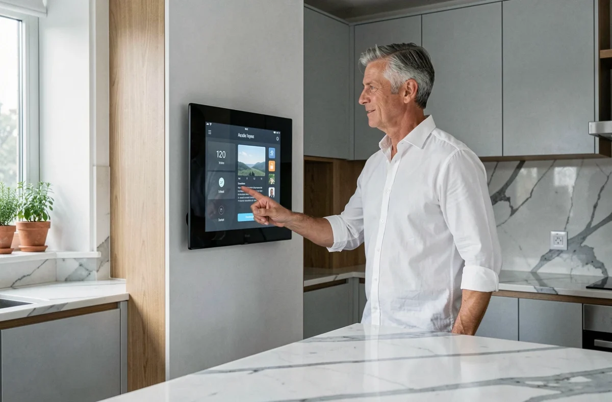 Homme consultant un tableau de bord numérique de gestion de patrimoine depuis sa cuisine connectée haut de gamme