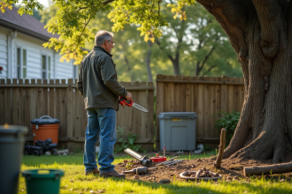 Homme avec sécateurs près d'un grand arbre dans le jardin