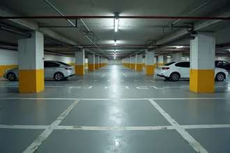 Vue grand angle d'un parking souterrain avec marquages au sol des places de stationnement en béton
