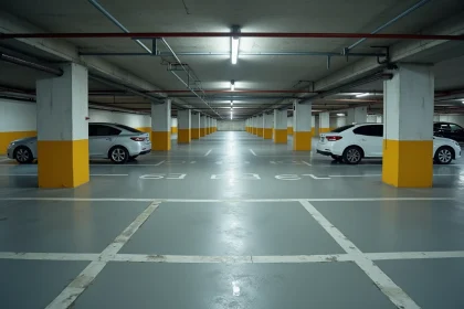 Vue grand angle d'un parking souterrain avec marquages au sol des places de stationnement en béton