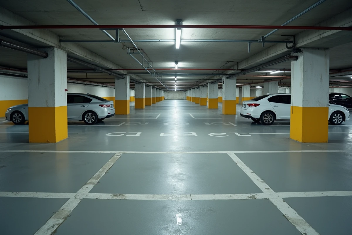 Vue grand angle d'un parking souterrain avec marquages au sol des places de stationnement en béton