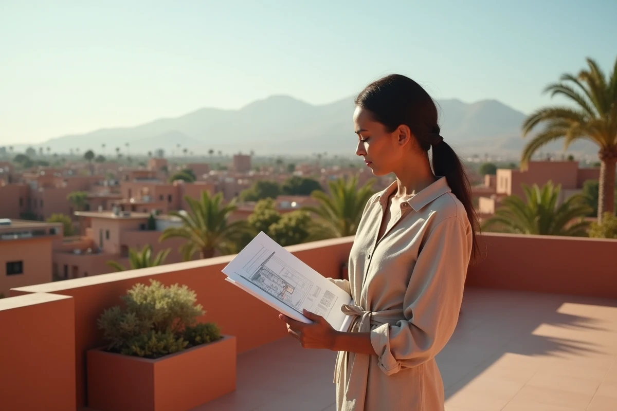 Femme consultant des documents immobiliers sur une terrasse avec vue sur les toits de Marrakech