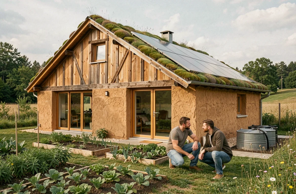 Maison écoconstruite à ossature bois avec toiture végétalisée et panneaux solaires réalisée par Terre et Développement, entourée d'un jardin potager en Alsace