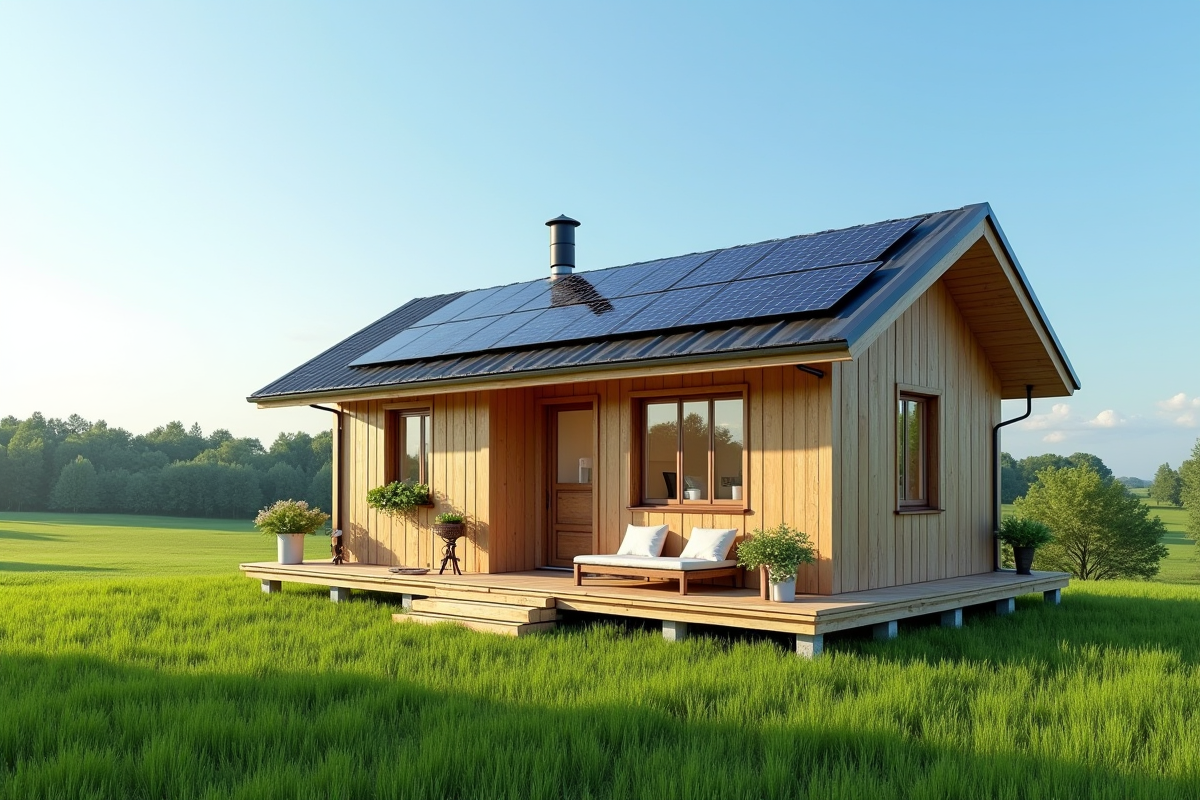 Petite maison en bois avec panneau solaire dans la campagne verte